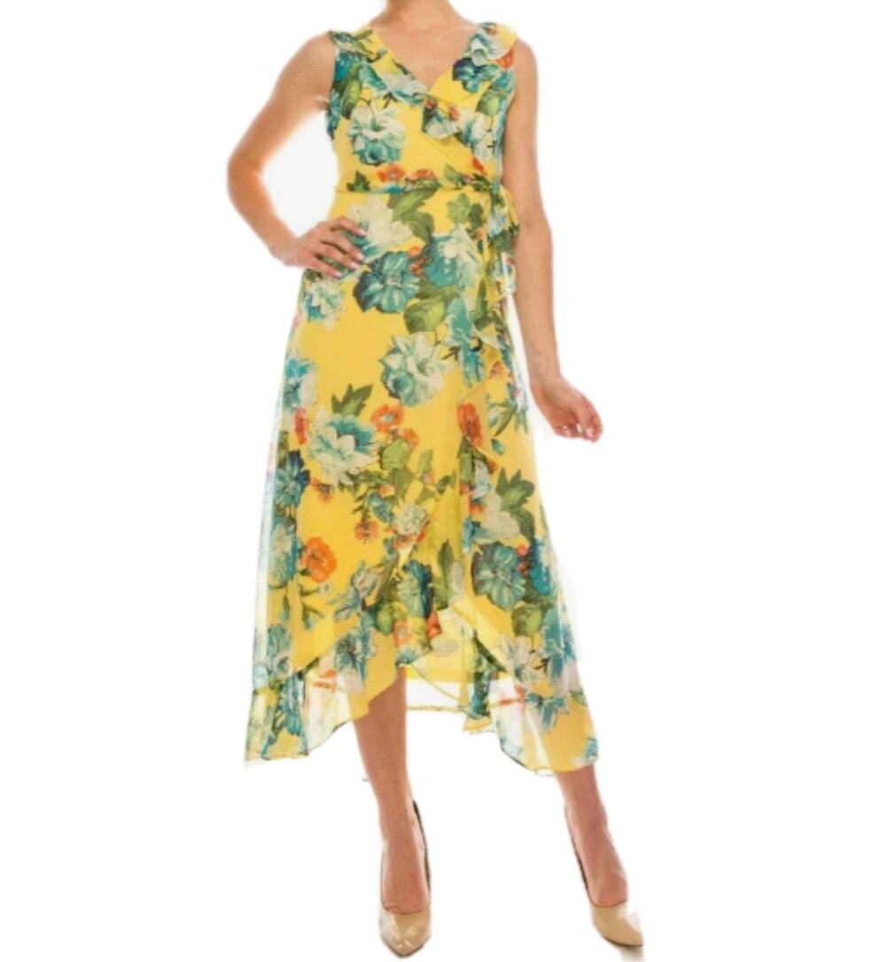 LONDON TIMES Women's Sleeveless Flowy Floral Dress YELLOW / BLUE Size 4
